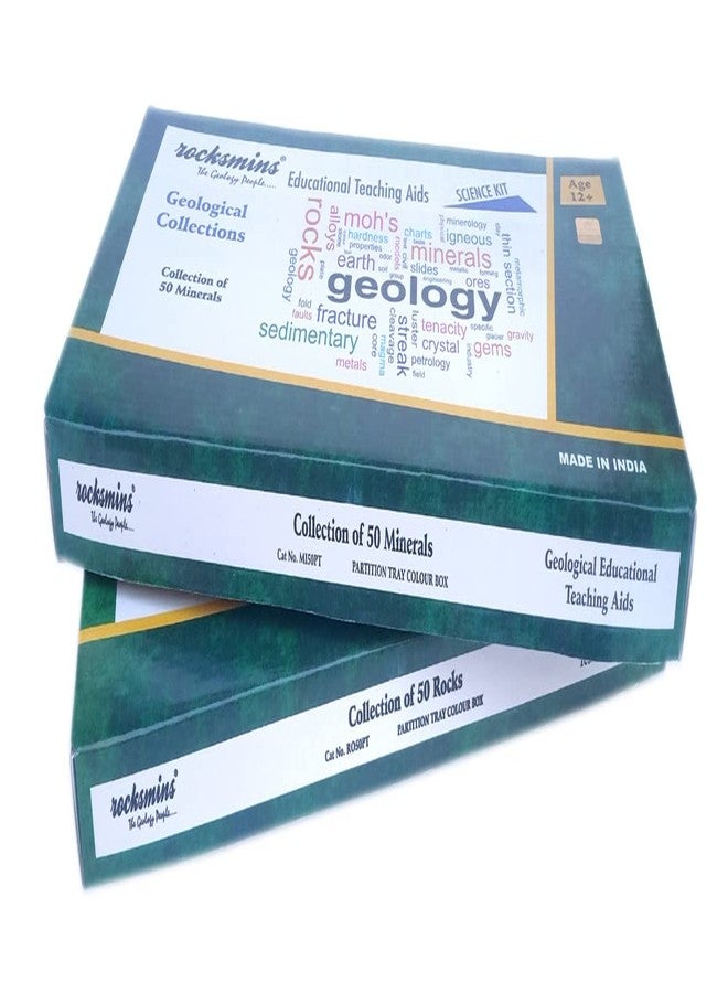 Rocksmins Collection of 100 Rocks & Minerals for Education RM100PT (50 Rocks + 50 Minerals) 2 Boxes 100 Handpicked Natural Specimens in Storage Tray for Education in Beautiful Colour Box for Geology - Image 1